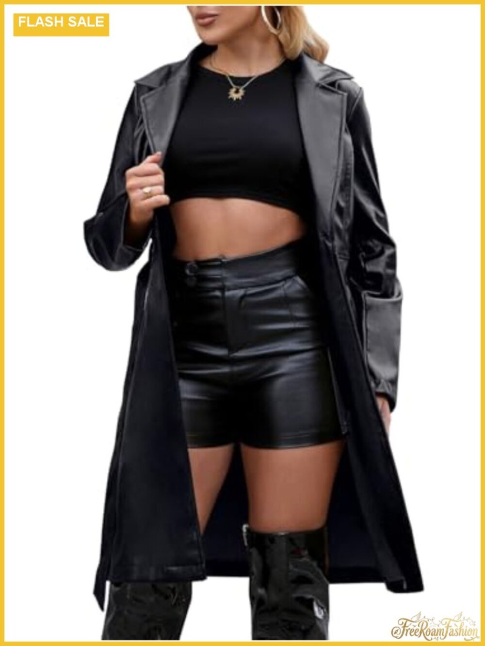 Faux Leather Jacket Women Long Trench Coat Belted Open Front Motorcycle Coat